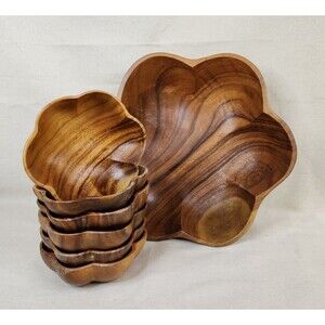 Vintage Monkey Pod Flower-Shaped Salad Bowl Set (Large + 6 Small Bowls) —1970s